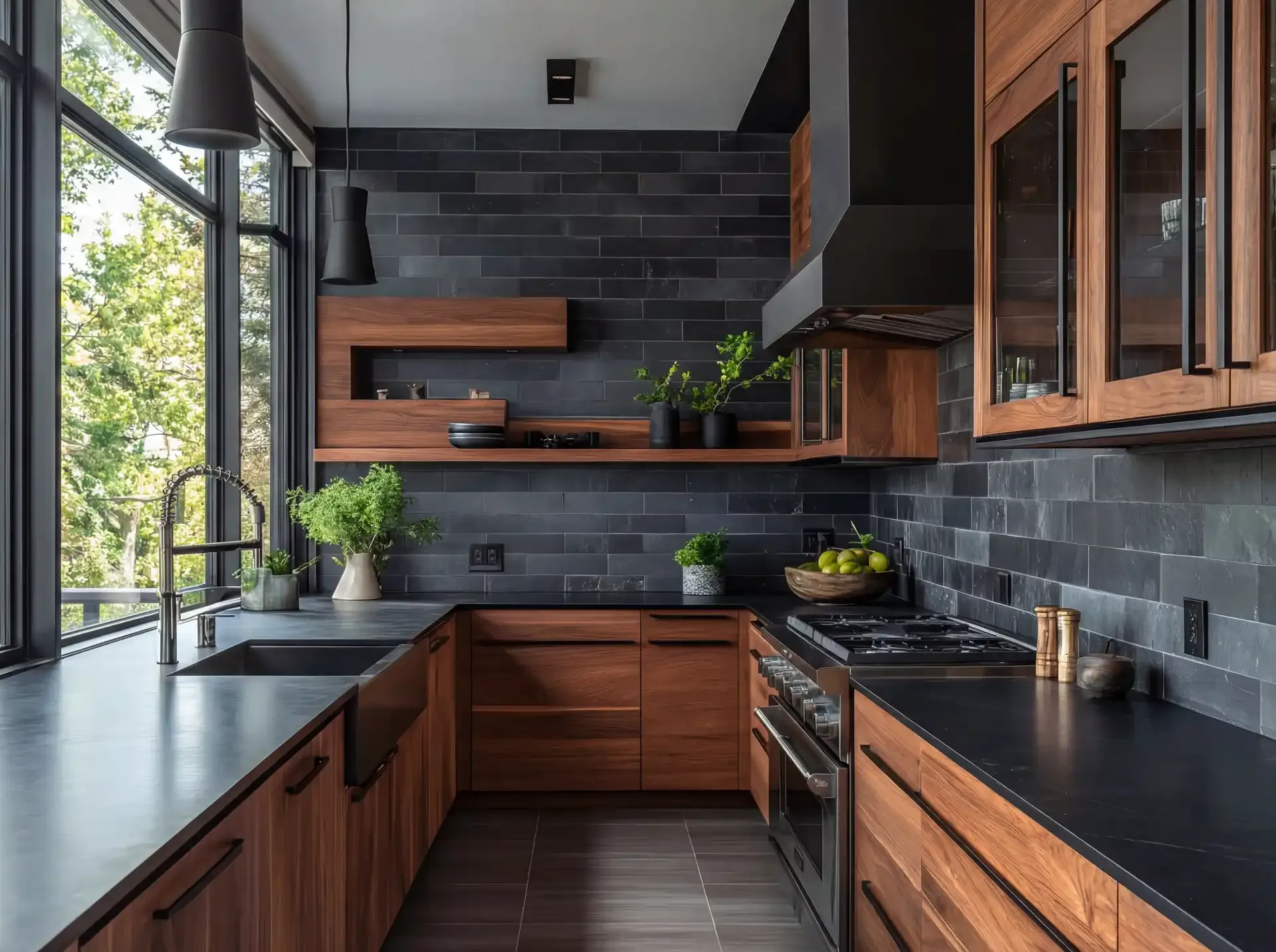 Custom dark wood kitchen with black tile backsplash by ProKitchn