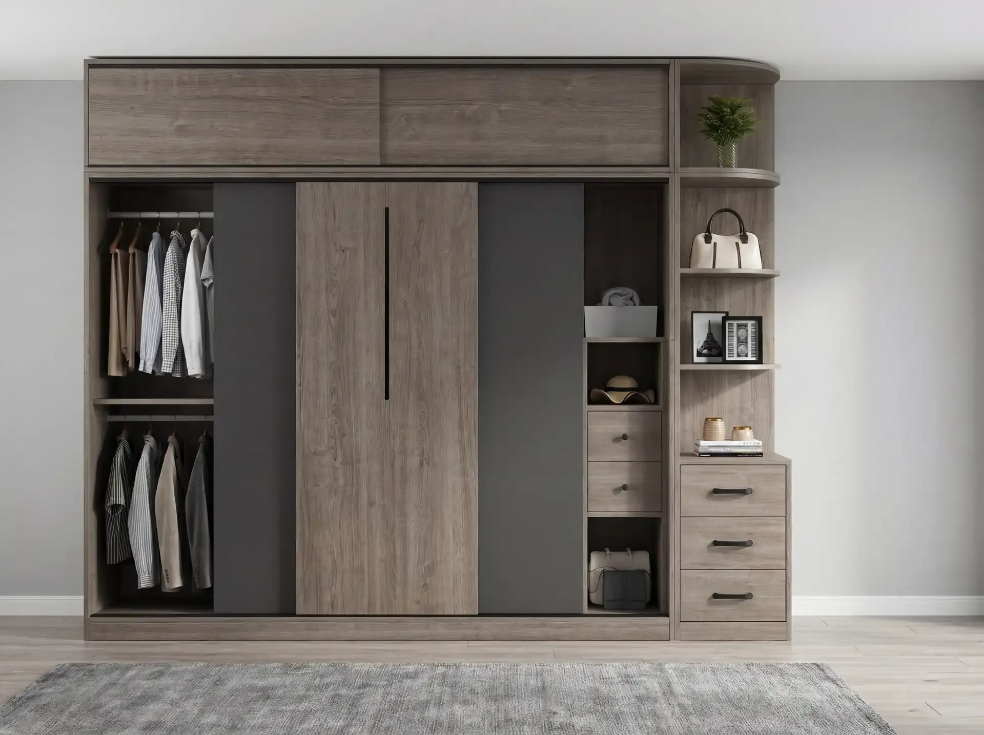 Custom closet with sliding wood doors