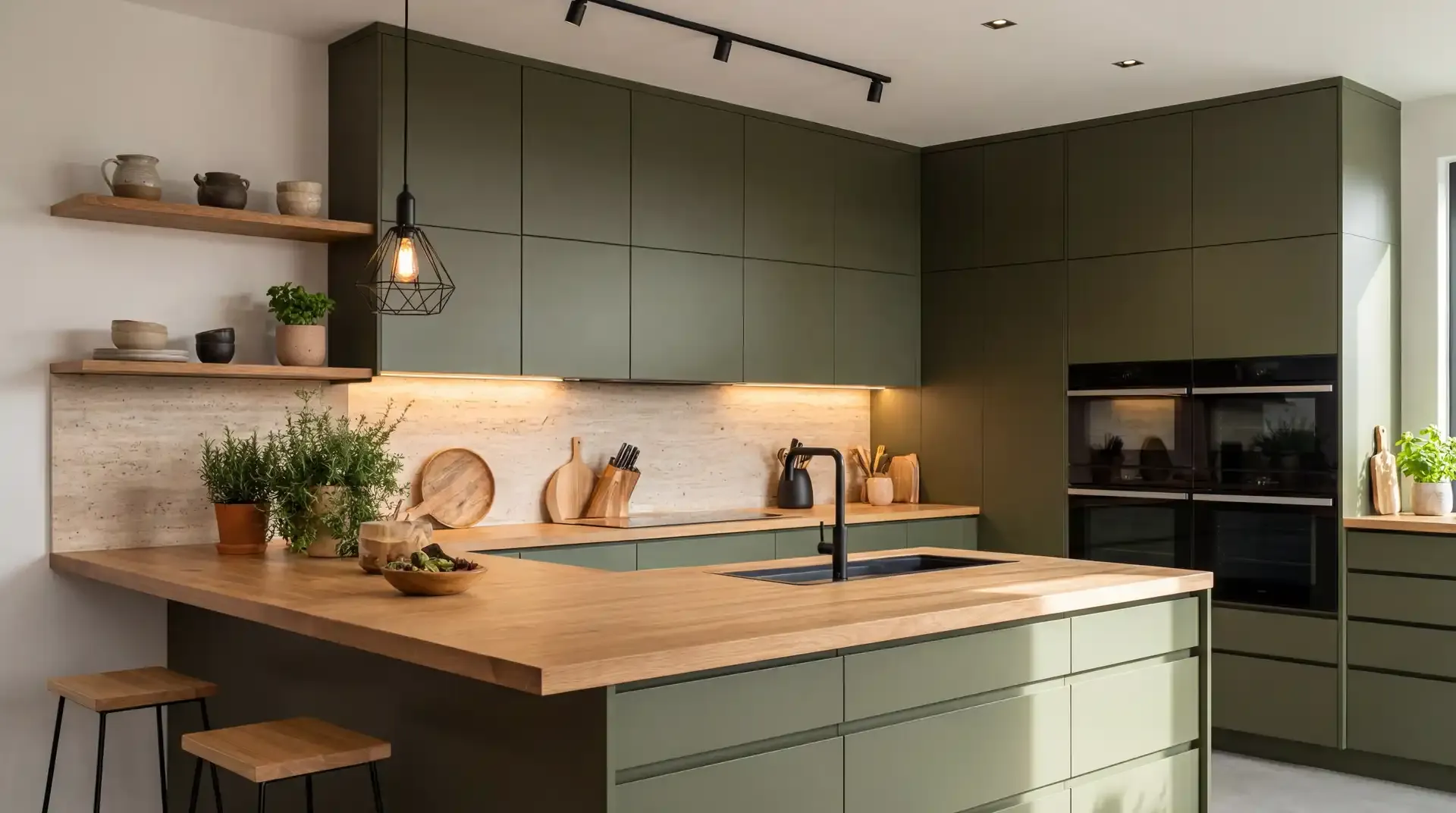 Sage green kitchen with walnut countertops
