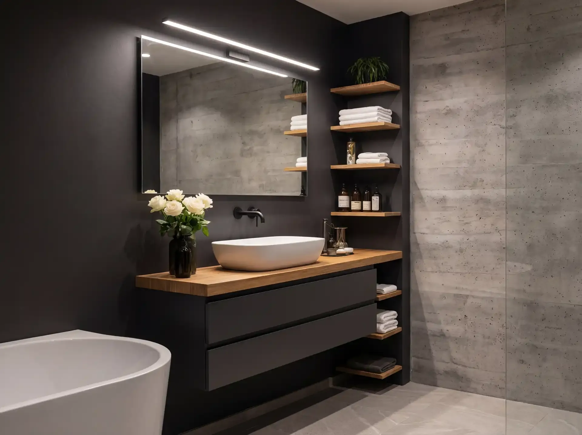 Modern dark bathroom with wood-top vanity